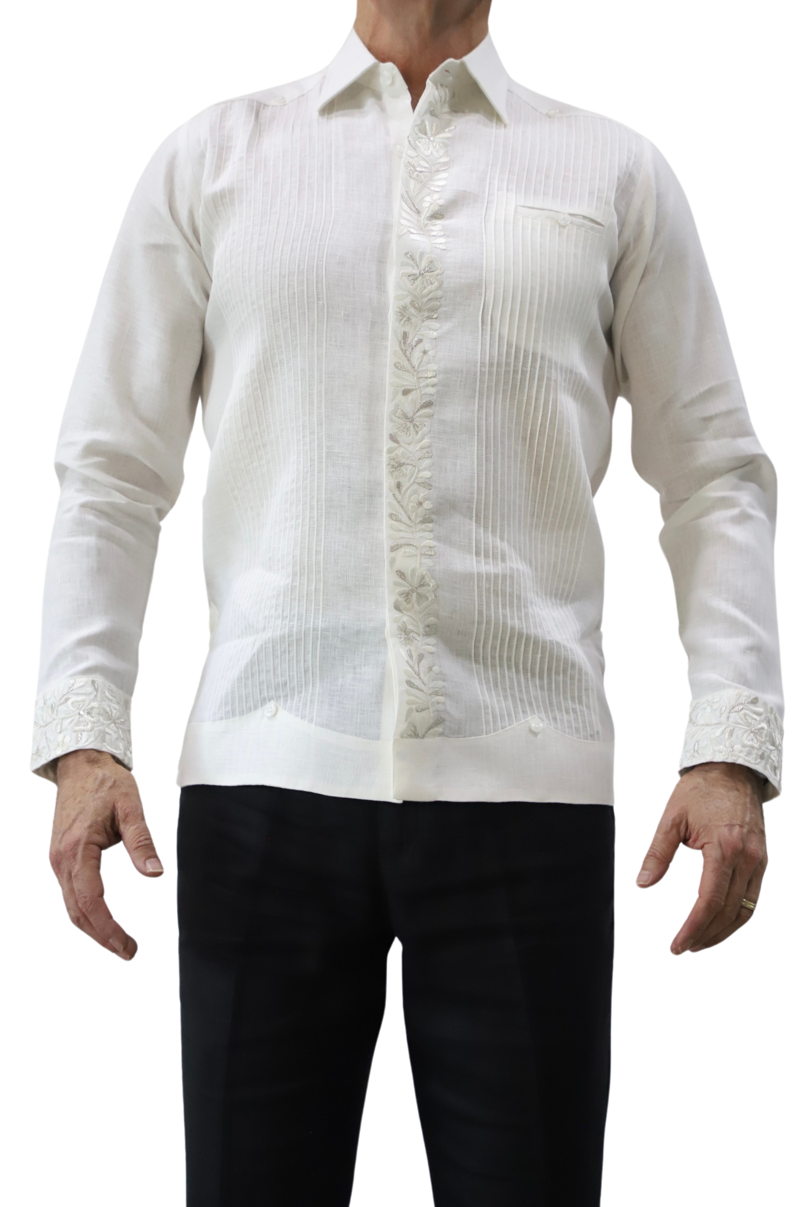 Guayabera De Lino Blanca Con Bordado Floral - Imagen 4
