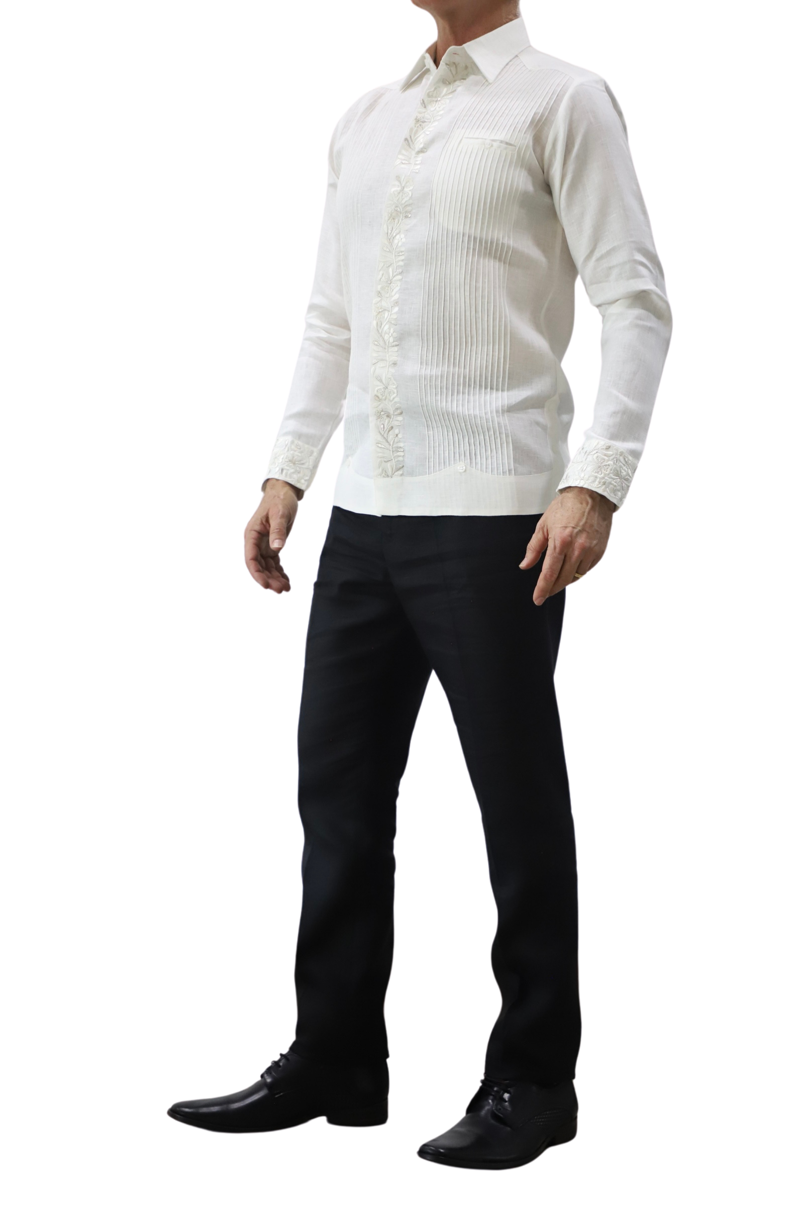 Guayabera De Lino Blanca Con Bordado Floral
