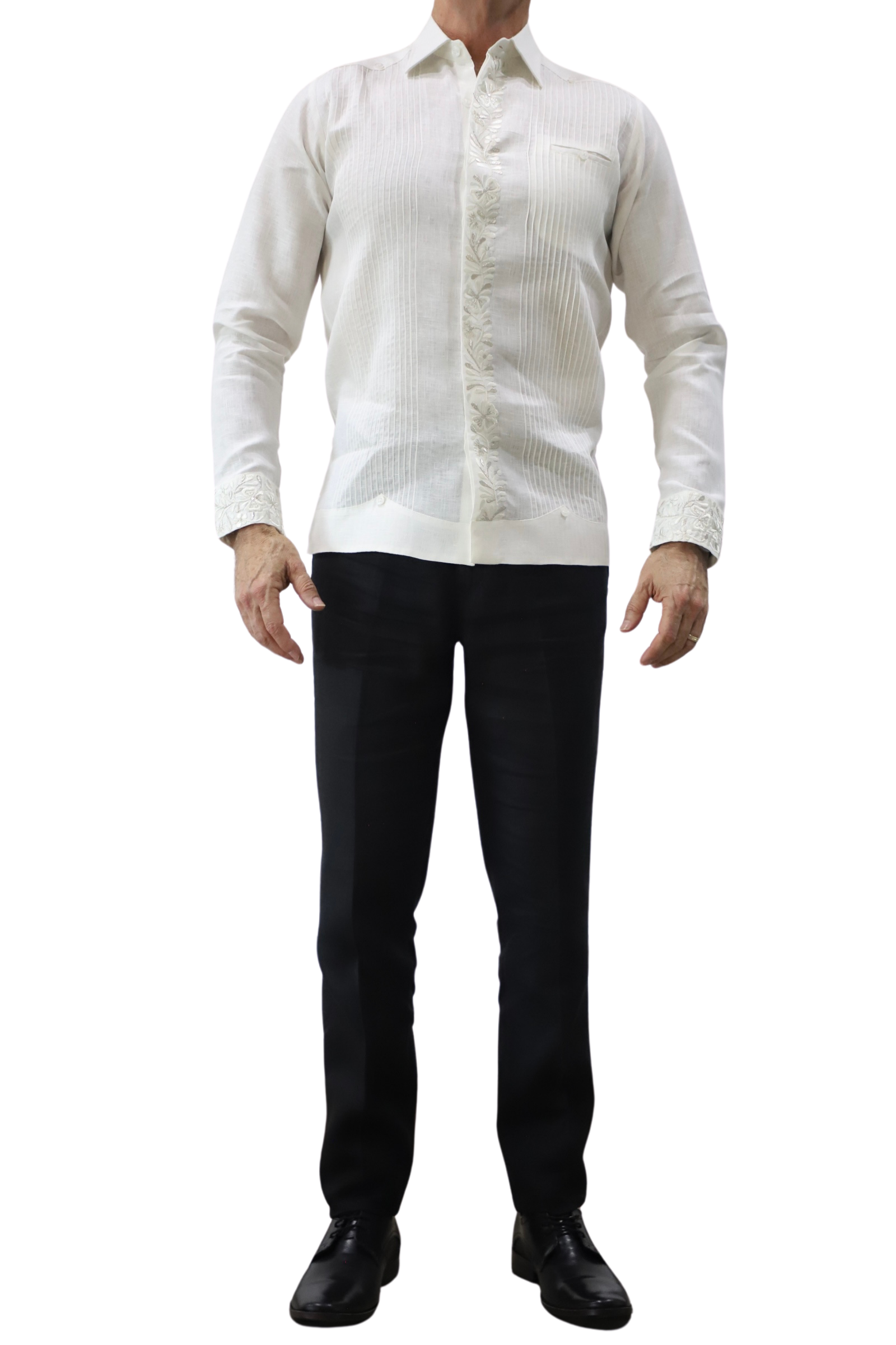 Guayabera De Lino Blanca Con Bordado Floral - Imagen 2
