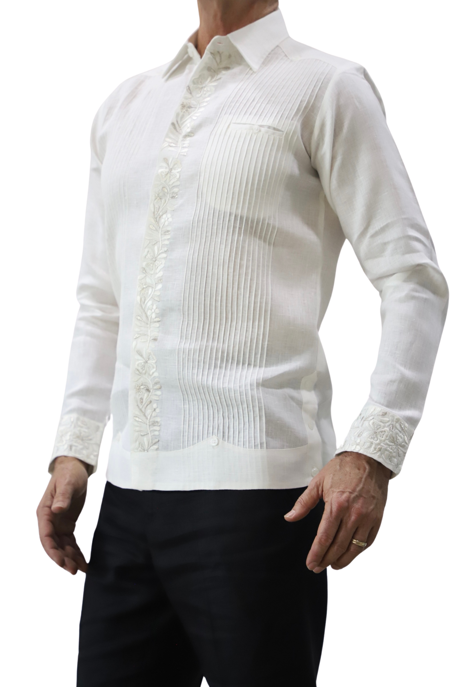 Guayabera De Lino Blanca Con Bordado Floral - Imagen 3