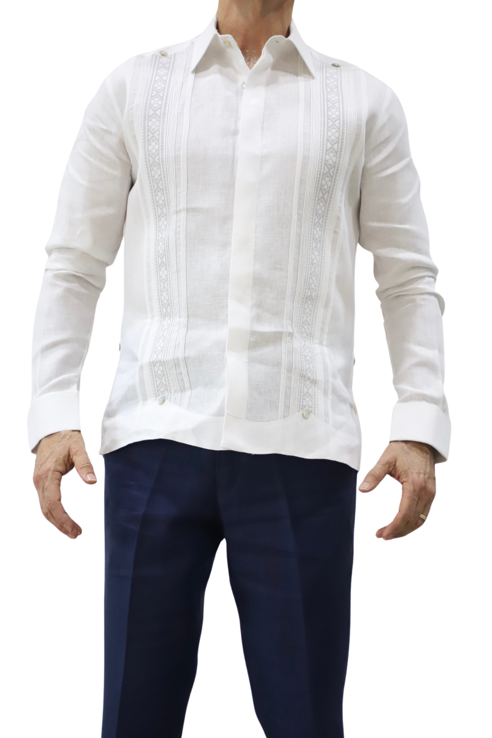 Guayabera De Lino Blanca Con Bordado Tradicional - Imagen 4