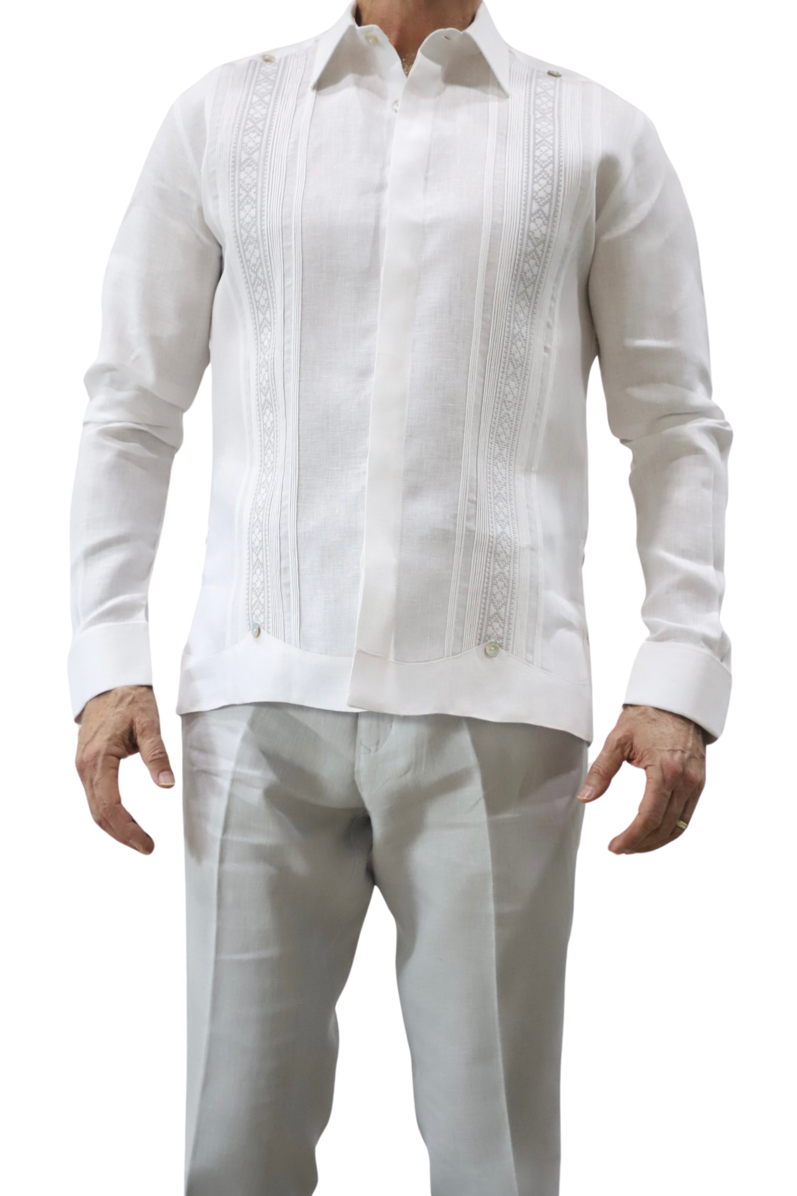Guayabera De Lino Blanca Con Bordado Tradicional - Imagen 8